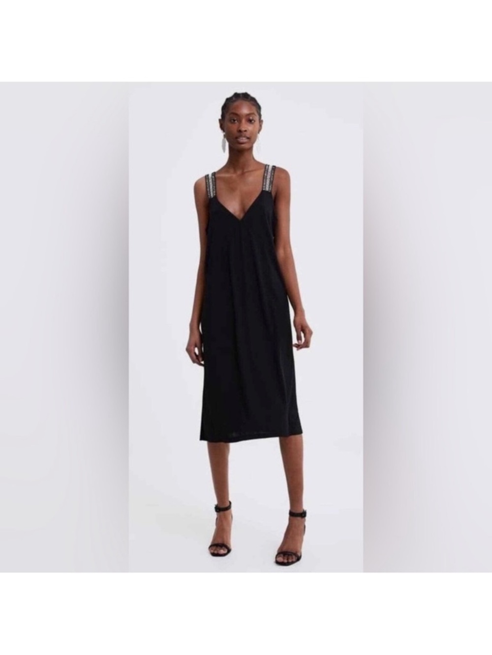 Zara Black Midi Slip Ribbed Stretch Jersey Dress Crochet Straps Sz S